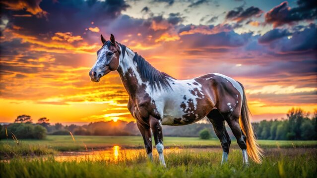 As the sun dips below the horizon, an overo horse poses in a green field, its splashed and