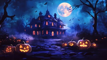 A spooky Halloween scene with a haunted house, glowing pumpkins, and a full moon.