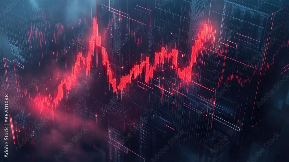 Poster Dynamic financial data visualization with rising red graphs representing market trends and analysis in a digital space.