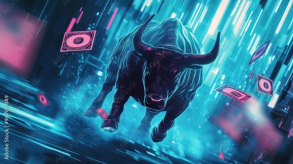 Poster a dynamic bull symbolizing financial growth, set against a vibrant digital backdrop of glowing color