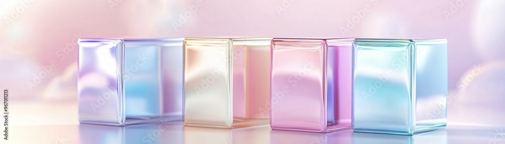 Poster a serene arrangement of translucent cubes in pastel colors, creating a dreamy atmosphere with soft r