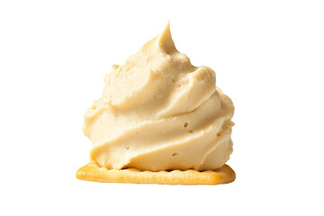 Creamy hummus garnished with herbs and olive oil on a square cracker isolated on a white transparent background. Concept of healthy snack or appetizer