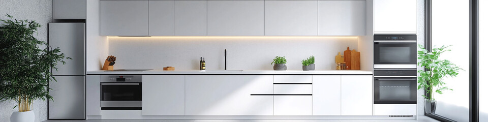 Clean white kitchen, modern appliances, smooth cabinetry, bright accents.