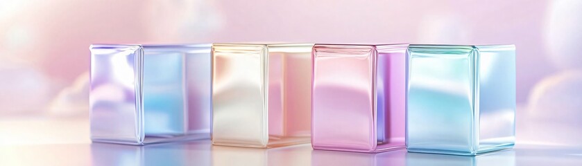 A serene arrangement of translucent cubes in pastel colors, creating a dreamy atmosphere with soft reflections and gradients.