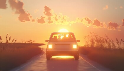 Fototapeta premium Sunset Serenity: A Family Road Trip Adventure