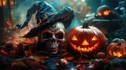 Obraz premium A spooky Halloween scene featuring a skull, a witch hat, and a carved pumpkin.