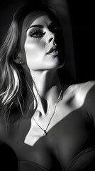 Naklejka premium Striking Black White Portrait Beautiful Woman Jewelry Light Shadows Expressions. AI Generated