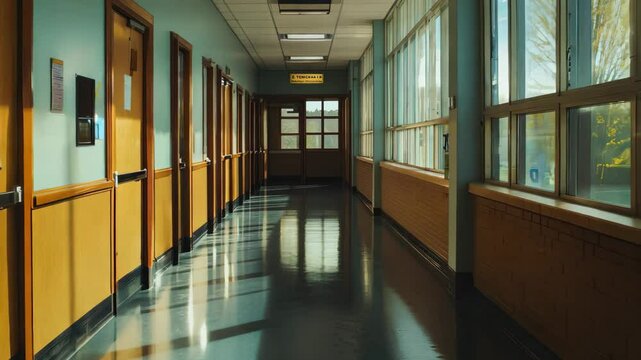 Empty School Hallway or Corridor. Zoom In
