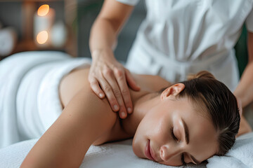 Fototapeta premium A woman is getting a massage from a masseuse