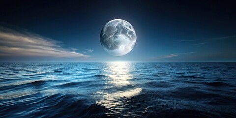 Tilted angle view of moon over dark sea, with shades of straw, ash, and clay ground