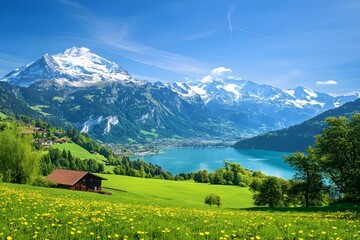 Picturesque landscape with the lush green meadows and lakes