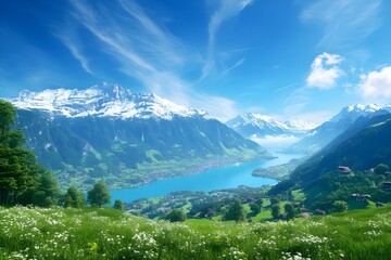 Picturesque landscape with the lush green meadows and lakes