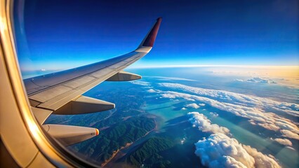 Tilted angle winglet of airplane from window at high altitude with blue sky