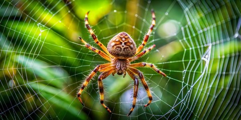 Obraz premium A tiny woodland spider perchs on its fragile web, surrounded by vibrant green leaves and stems, a master