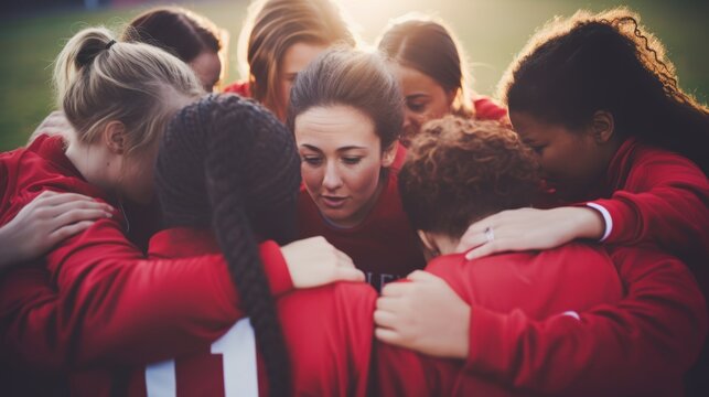 Diverse women's soccer team in red jerseys huddled in unity before the game, leaning in towards the captain in the center, arms wrapped around each other's shoulders. Teamwork concept.