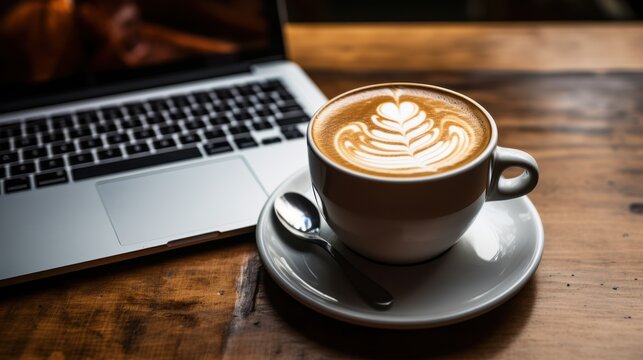 Cup of coffee with latte art beside a laptop on a wooden desk close up. Cozy enjoyable workspace concept.