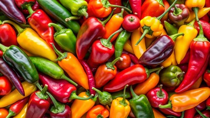 A vibrant assortment of fresh, ripe chili peppers unfurls on the canvas, showcasing a kaleidoscope of colors and