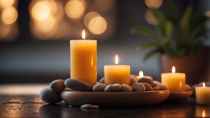 Soothing Spa Scene with Aromatic Massage Oils and Calming Candles for Relaxation and Wellness.