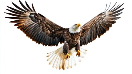 Obraz premium Bald Eagle in Flight with Spread Wings Against White Background