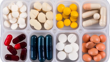 A plastic box filled with various pills and capsules of different colors