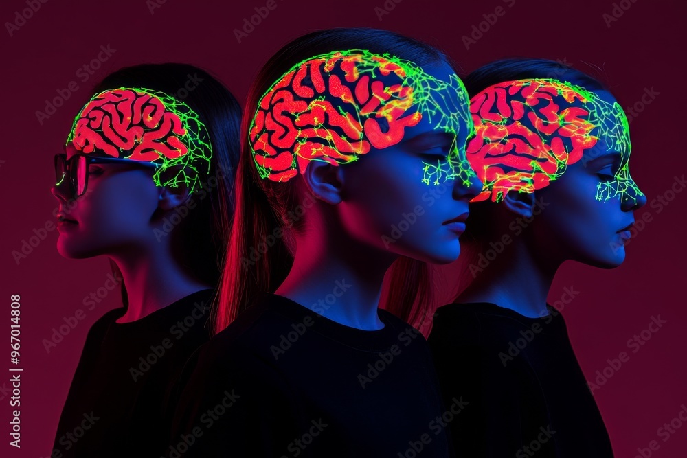 Poster thought connection and engagement group of three people with colorful glowing brains symbolizing men