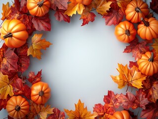 Thanksgiving wreath with mini pumpkins and colorful fall leaves, isolated background, close-up, 3D Blender style, with space for text