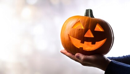 Jack o'lantern in a hand, copy space on a side