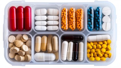 A plastic box filled with various pills and capsules of different colors