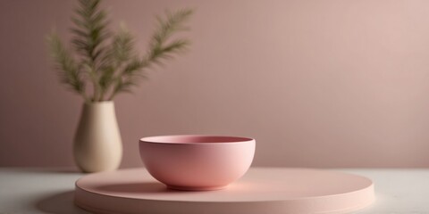 Fototapeta premium Cup bowl empty pink round podium on pastel.