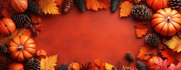 Autumn scene frame with pumpkins, leaves, and pinecones on a red background, perfect for seasonal and holiday themes.