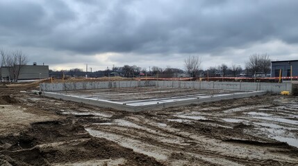 Fototapeta premium Concrete Foundation Poured with Visible Steel Reinforcement under an Overcast Sky, Construction Site, Building Foundation, New Construction