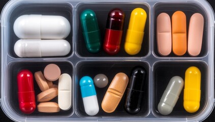 A plastic box filled with various pills and capsules of different colors