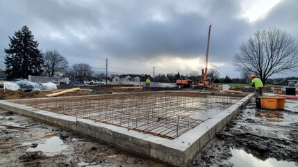 Fototapeta premium Construction Workers Pouring Concrete Foundation, Steel Rebar Visible, Overcast Sky