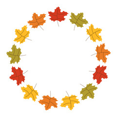 Maple Autumn leaves wreath illustration for decoration on nature and Thanksgiving festival. Simple hand drawn round frame for text. Bright circle border for Fall season