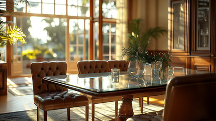 Elegant dining set, glass-top table, leather seats, sunlit room.