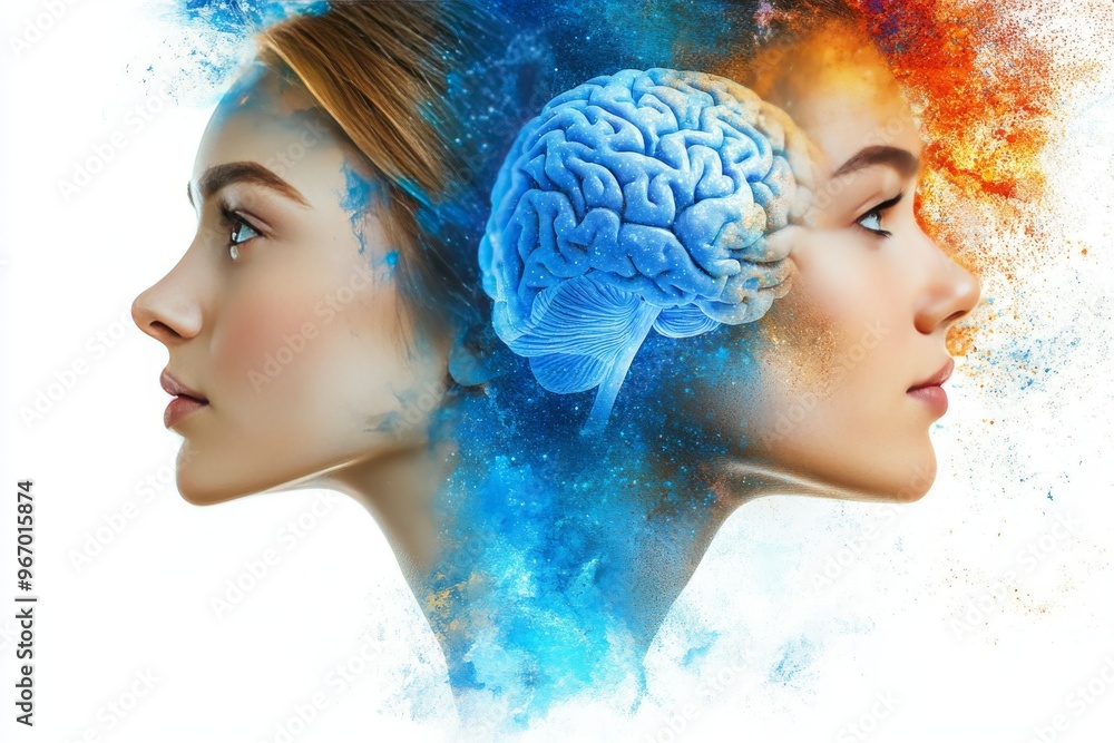 Aufkleber support focus and discovery side profiles of two women with neural connections symbolizing mental sy