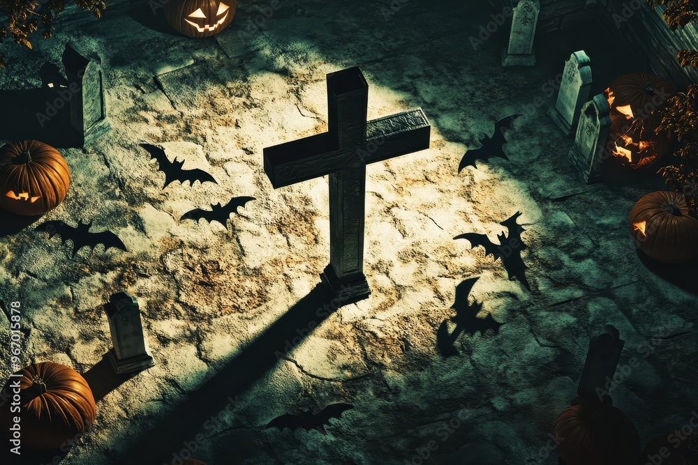 Poster a cross is in the middle of a graveyard with bats flying around it