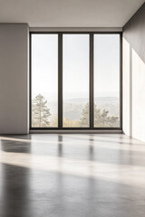 Modern minimalist room with large windows, natural day lighting in neutral colors. Contemporary interior with ample copyspace.