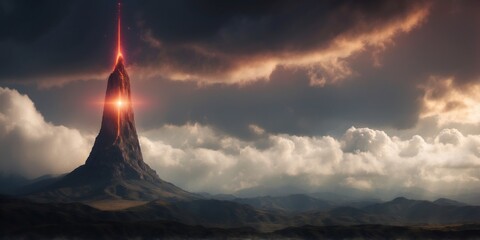 A massive alien tower that reaches into the clouds, pulsing with energy.