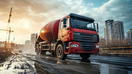 Red Concrete Mixer Truck Driving on a Muddy Construction Site Road in an Urban Setting