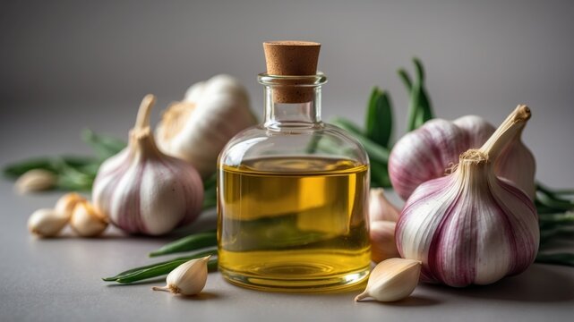 Bottle of garlic oil with fresh garlic bulbs.