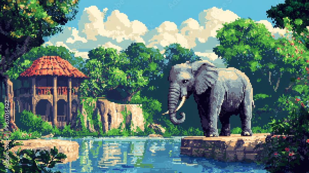 Wall mural 2d pixel art of elephant in zoo, park, blue sky, game art, 16-bit, 32-bit