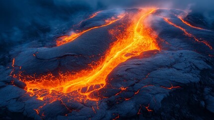 Volcanic eruption with lava flowing down the crater