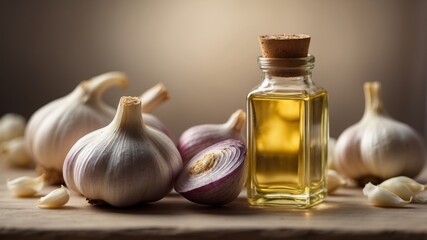 Bottle of garlic oil with fresh garlic bulbs.