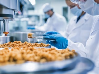 Scientists in a laboratory setting analyze the texture of food samples, using a specialized device for controlled testing and precise measurement.