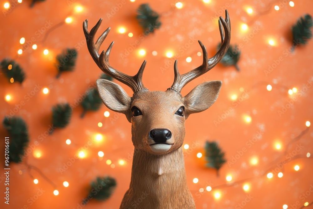 Poster a deer head is on a table in front of a background of lights