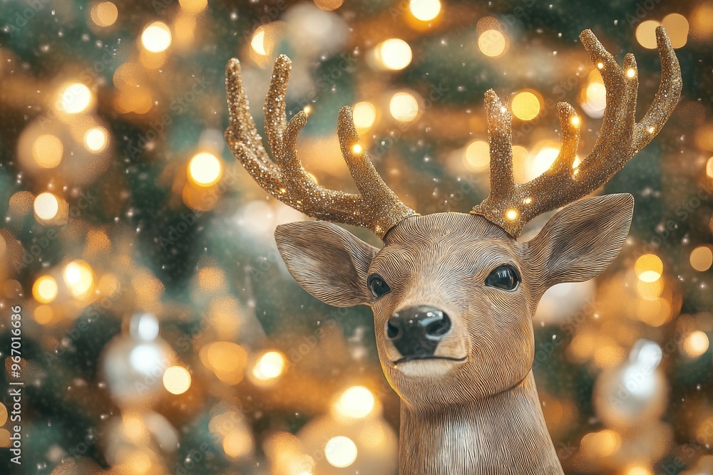 Poster a deer head is on a table in front of a background of lights