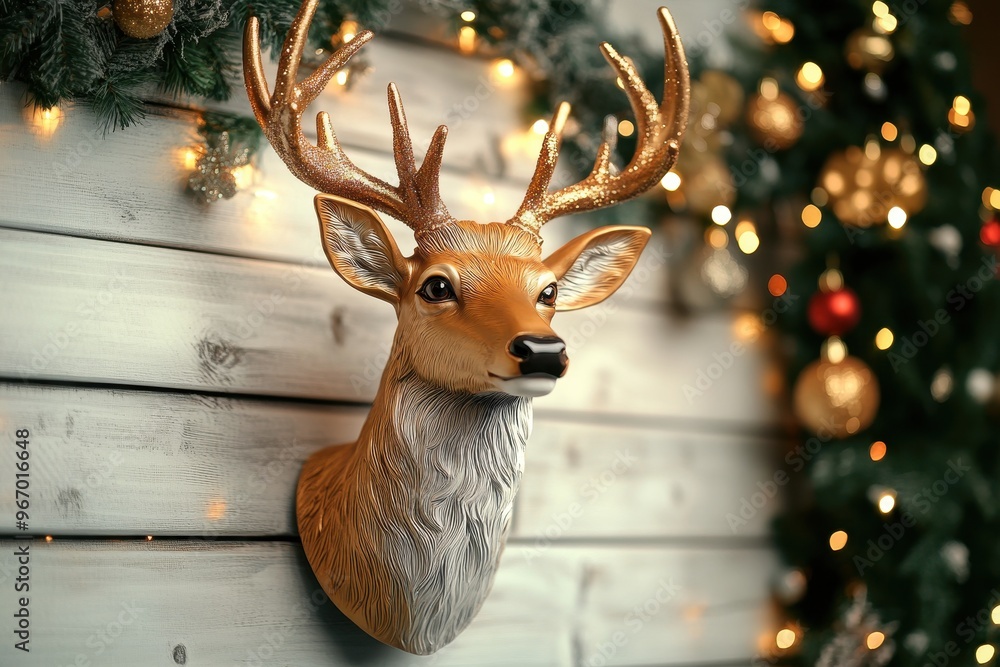 Poster a deer head is on a table in front of a background of lights