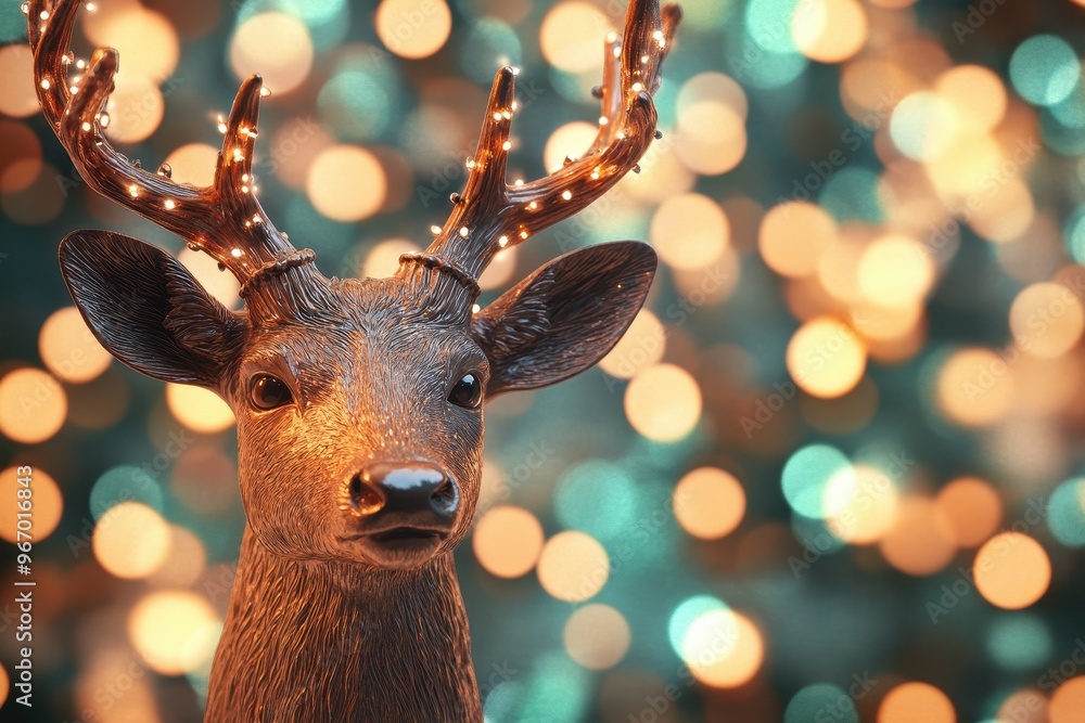 Poster a deer head is on a table in front of a background of lights