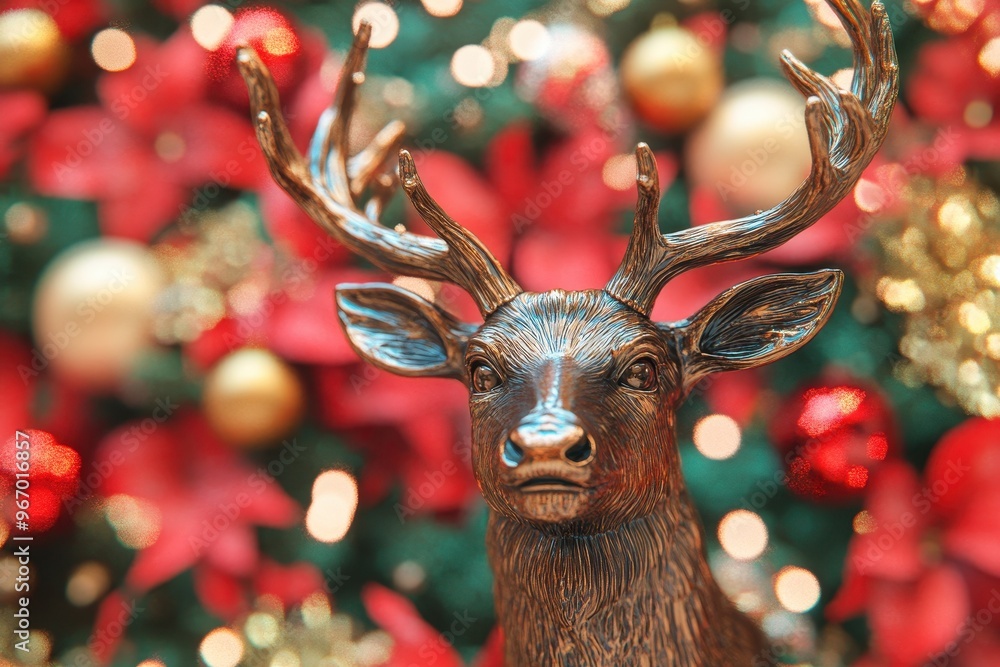 Poster a deer head is on a table in front of a background of lights